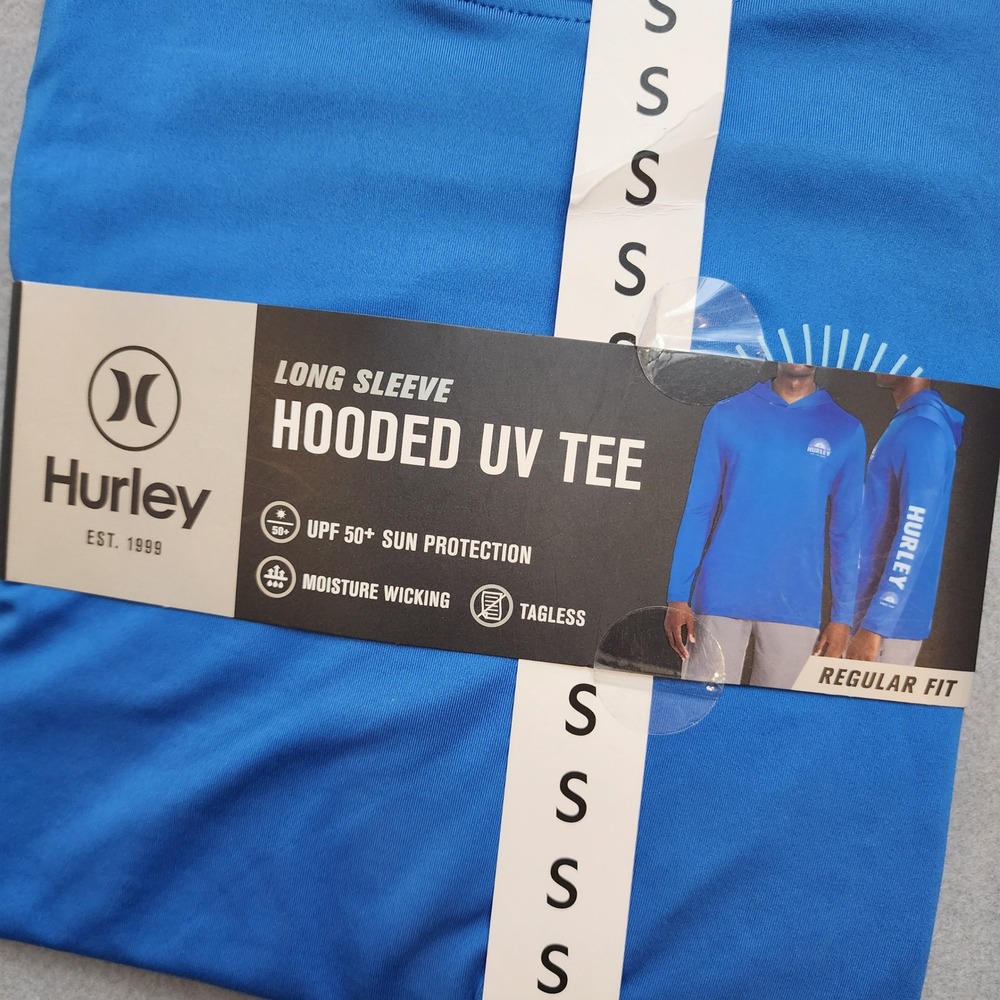 Hurley Men's S Hooded UV Shirt UPF 50+ Blue Long Sleeve Fishing Sun Protection